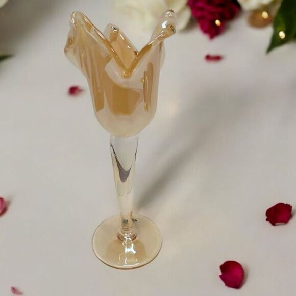 Murano Art Glass Pillar Candle Holder Italian Peach Tulips No Flaws - Picture 2 of 6